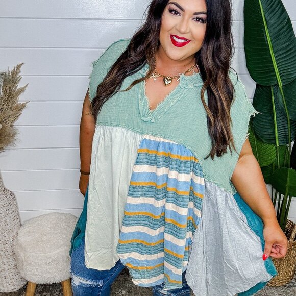 Oli & Hali Oversized Mixed Fabric Babydoll Top - NWT - Size L - Picture 1 of 2